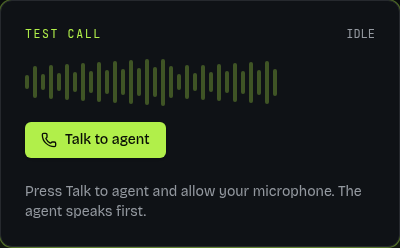 Actual Test call panel in its idle state. Talk to agent starts a browser conversation; this screenshot does not show a completed test.