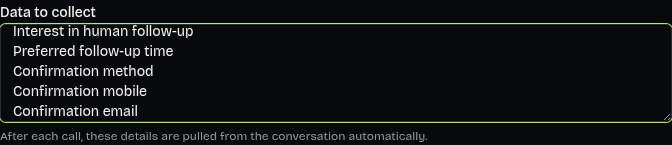 Actual Data to collect field with example discovery and confirmation fields.