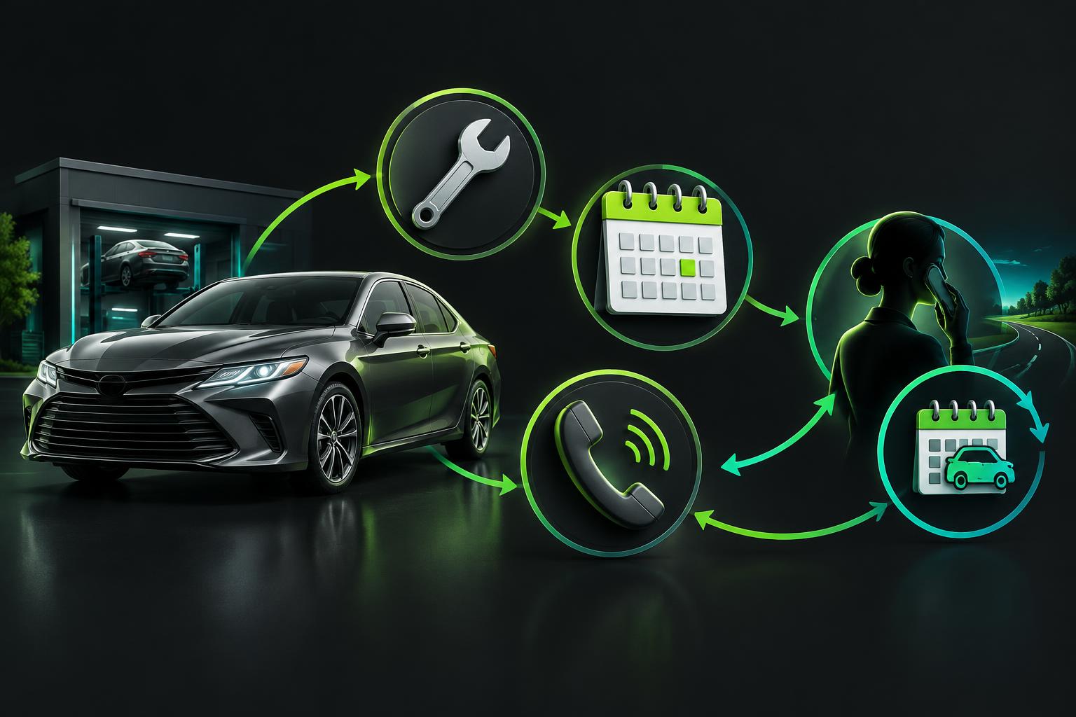 Illustration of vehicle service and renewal conversations leading to advisor follow-up