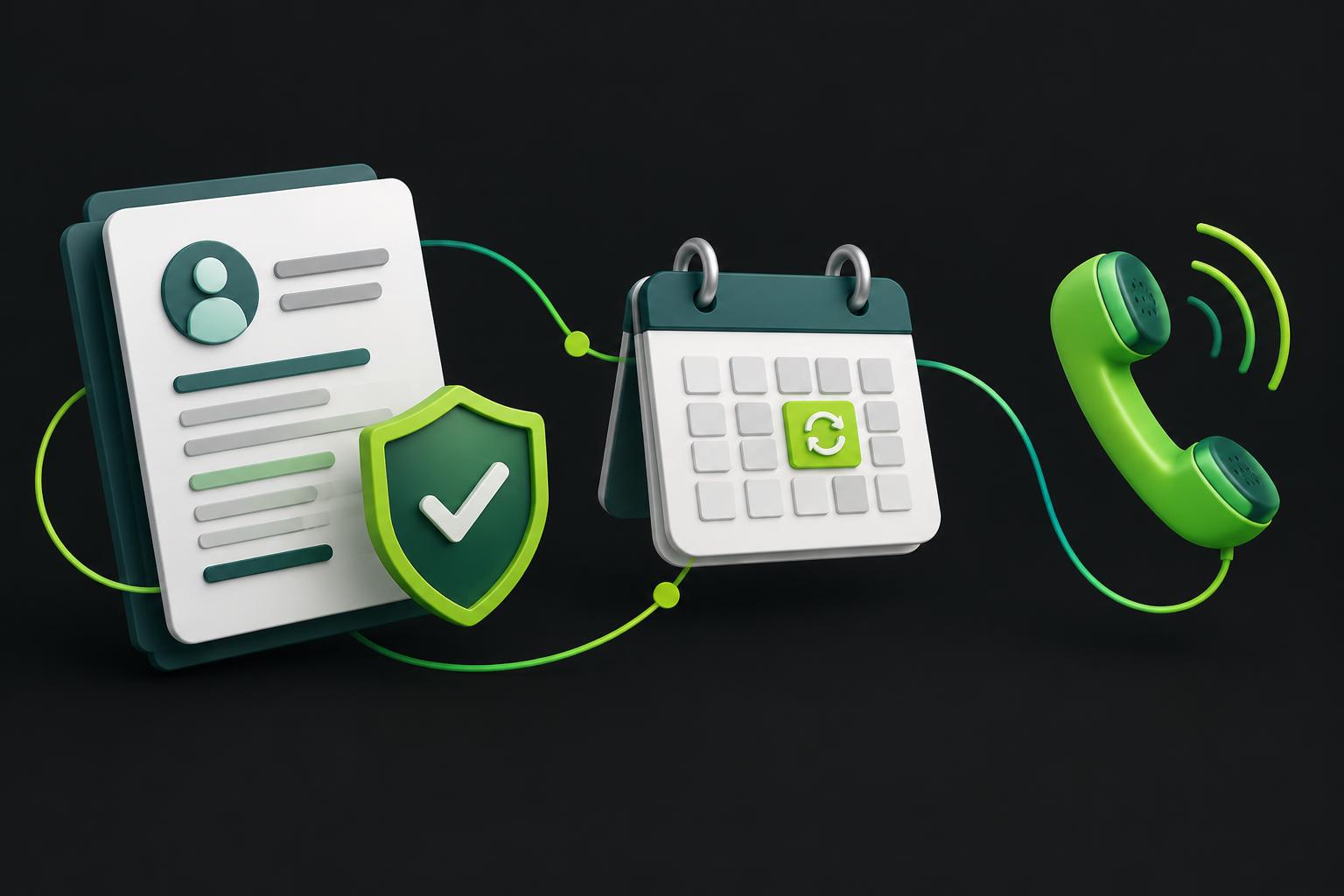 Illustration linking a customer record, consent shield, renewal calendar and phone conversation