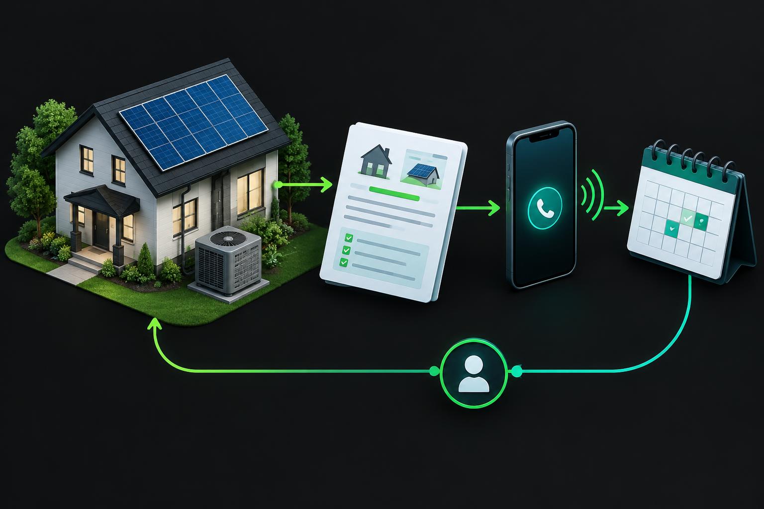 Illustration connecting a home-service quote to a customer conversation and visit preferences