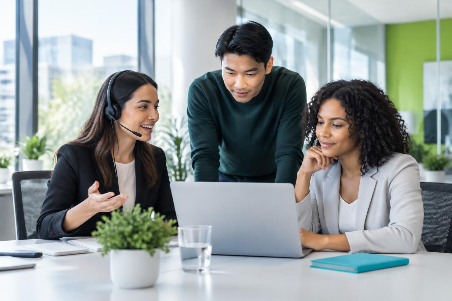 Illustrative revenue team collaborating around a laptop