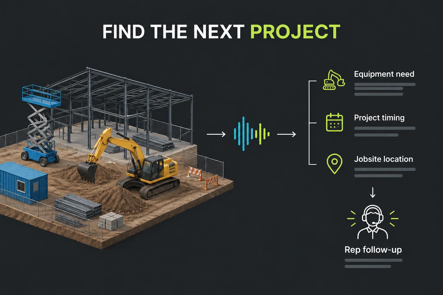 Original illustration of equipment rental discovery capturing needs, project timing and jobsite location for rep follow-up